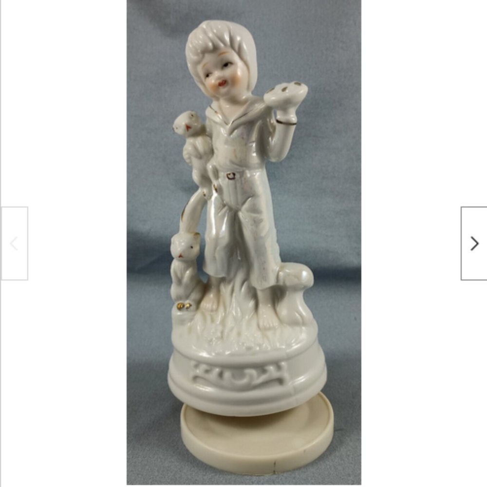 Vintage Small World Musical Spinning Ceramic Pearlescent White Gold Boy Figurine
